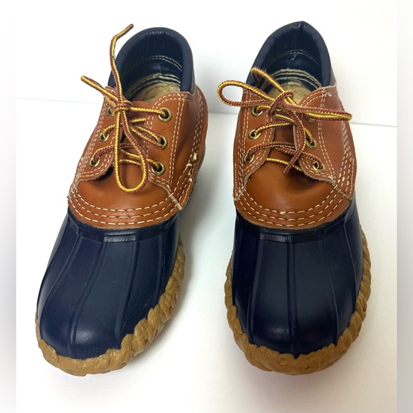 Vintage LL BEAN Bean Boots Gumshoes Duck Navy Blue Tan Leather Rubber Waterproof - Picture 2 of 16